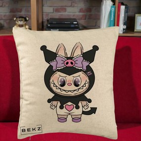 Perna Personalizata Labubu x Kuromi, 40x40 cm, Bej, Husa Detasabila, Perna Inclusa, BEKZ®