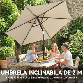 Outsunny Umbrelă de Grădină Inclinabilă 2x2 m cu 6 Spițe și Manivelă, din Metal și Poliester Gri Deschis | Aosom Romania