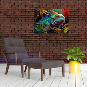 Tablou pe sticlă - Iguana colorată (70x50 cm)