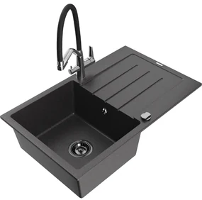 Mexen Bruno chiuvetă de bucătărie din granit cu 1 compartiment, cu scurgător și baterie Duo, negru cu pete - 6513-76-671701-07-B