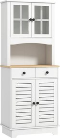 HOMCOM Dulap de bucătărie cu uși din sticlă, 2 sertare, dulap pentru veselă, dulap pentru sufragerie, lemn, 68 x 39,5 x 170 cm, Alb | Aosom Romania