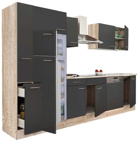 Mobilă de bucătărie Yorki 310, corp stejar sonoma, față antracit satinat, frigider cu congelator superior