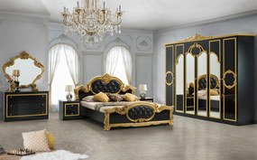 Dormitor barocco nero, negru/auriu, pat 160x200 cm, dulap cu 6 usi, comoda, 2 noptiere