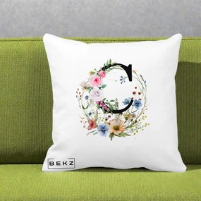 Cadou Personalizat - Perna Personalizata Monogram Litera C cu Flori Acuarela, 40x40 cm, Alba Mata, Husa Detasabila, Perna Inclusa, BEKZ®