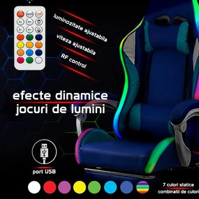 Scaun gaming albastru piele ecologica cu suport picioare si banda LED RGB OFF 298