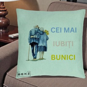 Cadou pentru Bunici - Perna Personalizata Cei Mai Iubiti Bunici Acuarela Spate, 40x40 cm, Verde Menta, Husa Detasabila, Perna Inclusa, BEKZ®