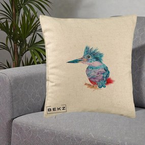 Perna Decorativa Pasare Martin Pescar Acuarela Albastru-Mov, 40x40 cm, Bej, Husa Detasabila, Perna Inclusa, BEKZ®