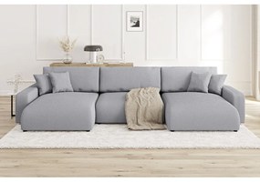 Colțar gri deschis extensibil, cu spațiu de depozitare, cu tapițerie din catifea reiată Sara – Ropez