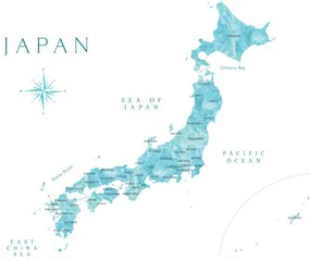 Harta Map of Japan in aquamarine watercolor, Blursbyai