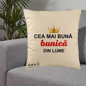 Cadou pentru Bunica - Perna Personalizata Cea Mai Buna Bunica Din Lume Coroana Aurie, 40x40 cm, Bej, Husa Detasabila, Perna Inclusa, BEKZ®
