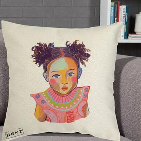 Perna Decorativa Fetita Vesela Portret Colorat, 40x40 cm, Ecru, Husa Detasabila, Perna Inclusa, BEKZ®