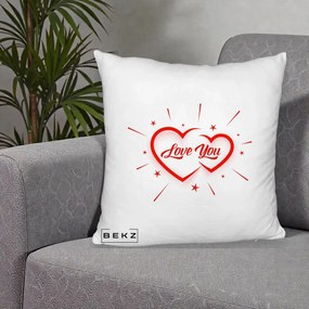 Cadou Romantic - Perna Personalizata Love You Doua Inimi, 40x40 cm, Alb Pufos, Husa Detasabila, Perna Inclusa, BEKZ®