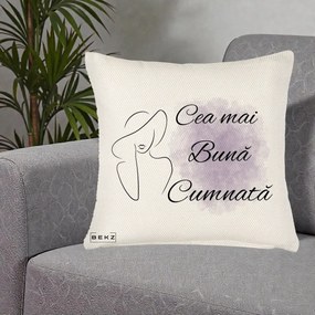 Cadou pentru Cumnata - Perna Personalizata Cea mai Buna Cumnata cu Silueta Dama si Pete Violet, 40x40 cm, Crem Reliefat, Husa Detasabila, Perna Inclusa, BEKZ®
