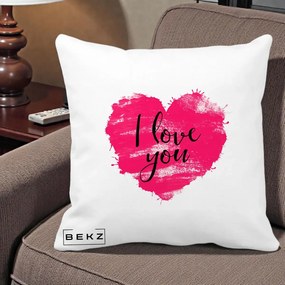 Cadou Romantic - Perna Personalizata I Love You Inima Roz, 40x40 cm, Alba Mata, Husa Detasabila, Perna Inclusa, BEKZ®