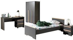Set LONDON în culoarea antracit format dintr-un Pat copii (90x200) cu noptieră, Dulap camera copii cu 3 uși și birou și cărucior de birou.