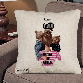 Cadou pentru Mama - Perna Personalizata Super Mama Mom of Girls, 40x40 cm, Bej Canapea, Husa Detasabila, Perna Inclusa, BEKZ®