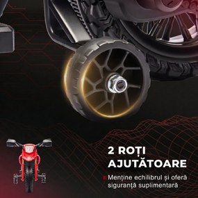AIYAPLAY Motocicletă Electrică pentru Copii 3-8 Ani, 2 Motoare 12V, Roți Ajutătoare și Claxon, 3 Km/h, 30 Kg, Roșu | Aosom Romania