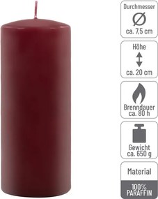 Set de lumânări în formă de pilon, 20 cm, Ø 7,5 cm, burgundy