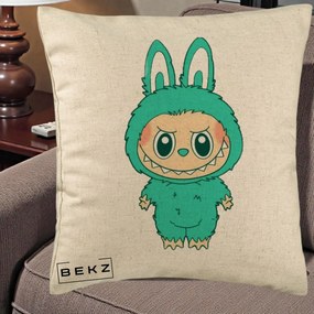 Perna Personalizata Labubu Turcoaz, 40x40 cm, Bej, Husa Detasabila, Perna Inclusa, BEKZ®