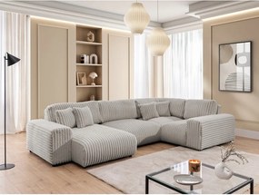 Colțar gri deschis cu tapițerie din catifea reiată (cu colț pe partea dreaptă/în formă de "U") Justin – Ropez