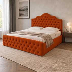 Pat tapițat din catifea Imperio cu nasturi 160×200 cm, cărămiziu, cu ladă de depozitare