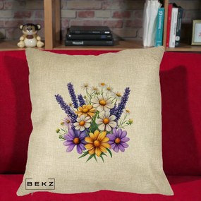 Perna Decorativa Lavanda Musetel si Flori Mov, 40x40 cm, Crem, Husa Detasabila, Perna Inclusa, BEKZ®