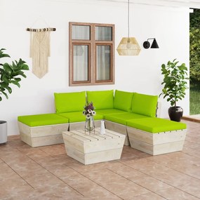 Set mobilier gradina din paleti cu perne, 6 piese, lemn molid verde aprins, colt + 2x mijloc + masa + 2x suport pentru picioare, 1