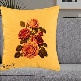 Perna Decorativa Trandafiri Vintage Roz-Rosii, 40x40 cm, Galben, Husa Detasabila, Perna Inclusa, BEKZ®