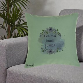 Cadou pentru Bunica - Perna Personalizata Cea Mai Buna Bunica Flori Mov Acuarela Negru, 40x40 cm, Verde, Husa Detasabila, Perna Inclusa, BEKZ®