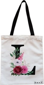 Sacosa de Panza pentru Cumparaturi, Geanta Tote, Cu litera L si Trandafiri, Cu fermoar, 38x34.5 cm, Alba, BEKZ®