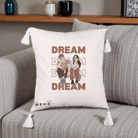 Perna Decorativa Dream Couple Aesthetic, 40x40 cm, Bej cu Franjuri, Husa Detasabila, Perna Inclusa, BEKZ®