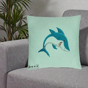 Perna Decorativa Rechin Albastru Cartoon, 40x40 cm, Verde Menta, Husa Detasabila, Perna Inclusa, BEKZ®