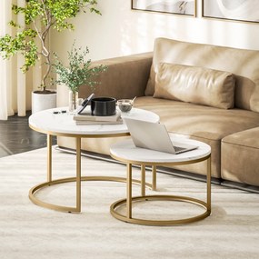 HOMCOM Set de 2 mese de cafea gigogne stivuabile design industrial blat cu aspect ciment picioare din metal alb | Aosom Romania