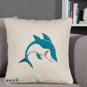 Perna Decorativa Rechin Albastru Cartoon, 40x40 cm, Bej Canapea, Husa Detasabila, Perna Inclusa, BEKZ®