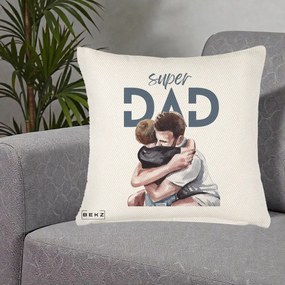 Cadou pentru Tata - Perna Personalizata Super Dad Tata si Fiu Imbratisare, 40x40 cm, Crem Reliefat, Husa Detasabila, Perna Inclusa, BEKZ®