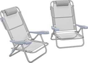 Outsunny Set 2 Scaune de Camping Pliabile cu Tetieră Căptușită și Spătar Reglabil în 6 Poziții, 62x65x80 cm, Gri Deschis | Aosom Romania