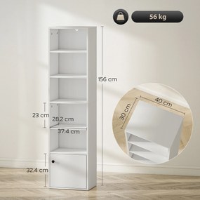 HOMCOM Bibliotecă verticală cu 6 niveluri și dulap, pentru living, dormitor și birou, 40x30x156 cm, albă | Aosom Romania