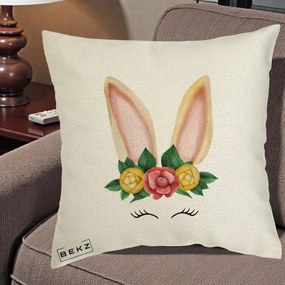 Perna Decorativa Iepuras Flori Urechi Pastelui, 40x40 cm, Ecru, Husa Detasabila, Perna Inclusa, BEKZ®