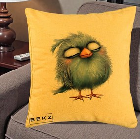 Perna Decorativa Pui Pufos Albastru Adormit, 40x40 cm, Galben, Husa Detasabila, Perna Inclusa, BEKZ®