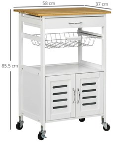 HOMCOM Carrito de Cocina cu Roti Caru cu Depozitare Multifunctional cu Suprafata de Lucru din Bambus Sertar Cos Metalic si Dulap cu 2 Usi cu Jaluzee 58x37x85,5 cm Alb | Aosom Romania