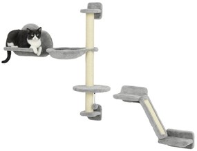 PawHut Set de 3 piese Cățărat pe Perete pentru Pisici cu Hamac Rampă cu Zgârietor Platformă în Formă de Nor Gri | Aosom Romania