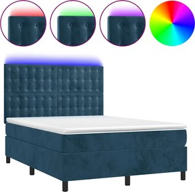 vidaXL Pat cu arcuri, saltea și LED, bleumarin, 140x190 cm, catifea