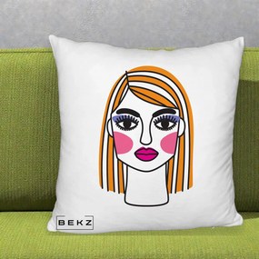 Perna Decorativa Portret Pop Art Fata, 40x40 cm, Alb Pufos, Husa Detasabila, Perna Inclusa, BEKZ®