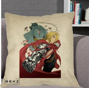 Perna Personalizata Fullmetal Alchemist Brotherhood Edward si Al Poster, 40x40 cm, Crem, Husa Detasabila, Perna Inclusa, BEKZ®