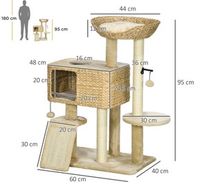 PawHut Arbore de Zgâriat pentru Pisici cu Căsuță, Stâlp și Bilă de Joc, Turn pentru Pisici din Lemn, 60x40x95 cm, Bej | Aosom Romania