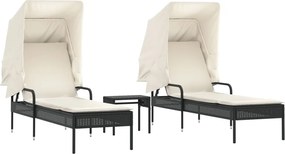 vidaXL Șezlonguri, 2 buc., cu baldachine și masă, negru, poliratan