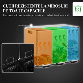 HOMCOM Coș de Gunoi cu 3 Compartimente de 20L, Cu Pedală, Capace cu Închidere Silențioasă, Oțel Inoxidabil și PP, 61,9x36,6x56,7 cm, Argintiu | Aosom Romania