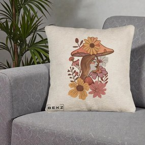 Perna Decorativa Fata Ciuperca Florala Boho, 40x40 cm, Bej Canapea, Husa Detasabila, Perna Inclusa, BEKZ®