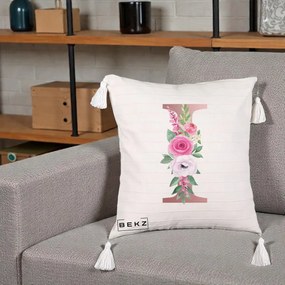 Cadou Personalizat - Perna Personalizata Monograma Rose Gold Litera I, 40x40 cm, Bej cu Franjuri, Husa Detasabila, Perna Inclusa, BEKZ®