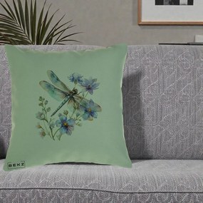 Perna Decorativa Libelula Acuarela Flori Albastre, 40x40 cm, Verde, Husa Detasabila, Perna Inclusa, BEKZ®